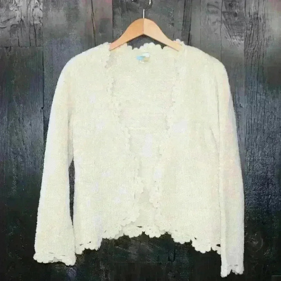 CHENILLE Knit Crochet Creme Super Soft Elegant Boho Cardigan Sweater Women Large - Picture 1 of 9